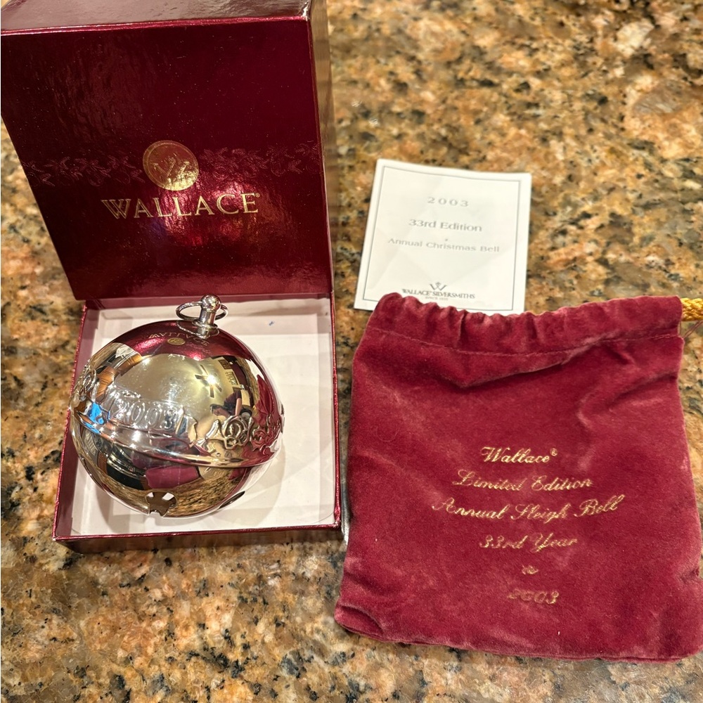 Wallace Silversmiths Silver and Red Holiday Bell Ornament